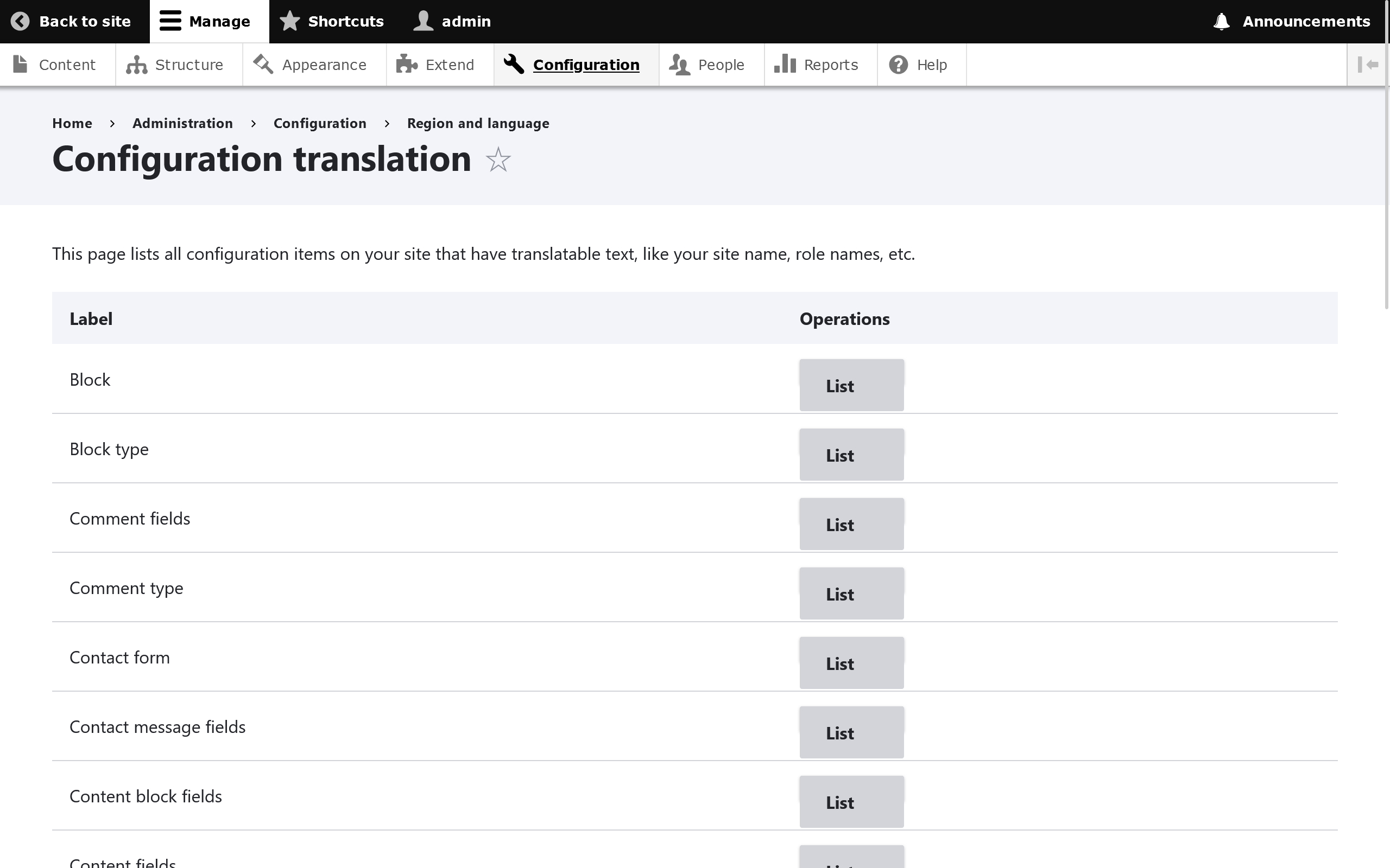 Configuration translation list Configuration translation list