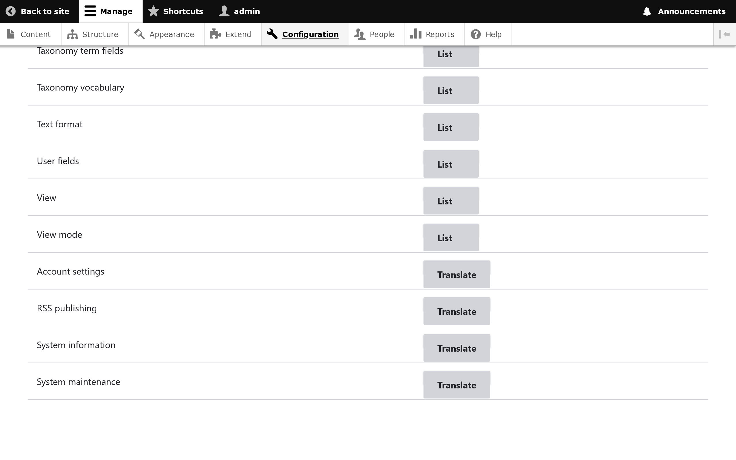 Configuration translation list Configuration translation list