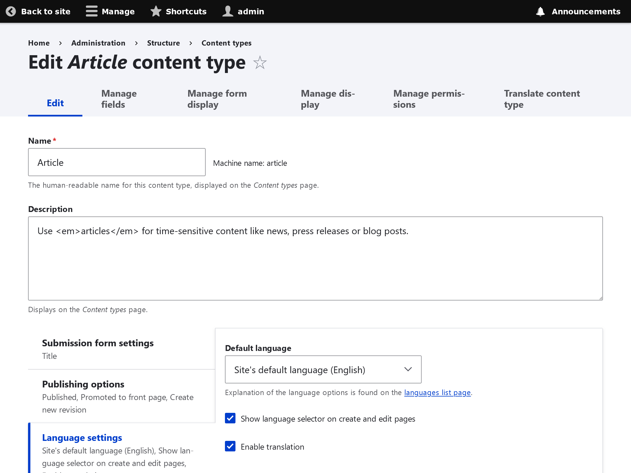 Content type language Content Types