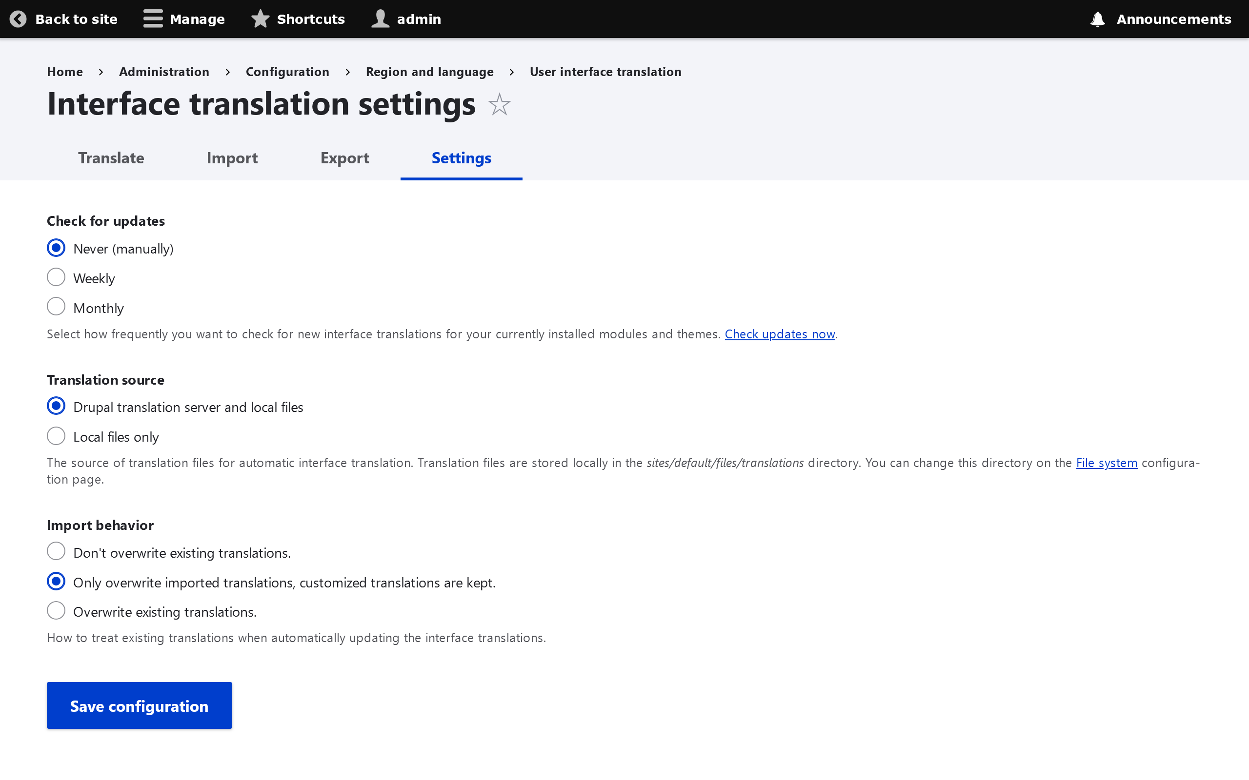 Interface Translation Settings Interface Translation Settings