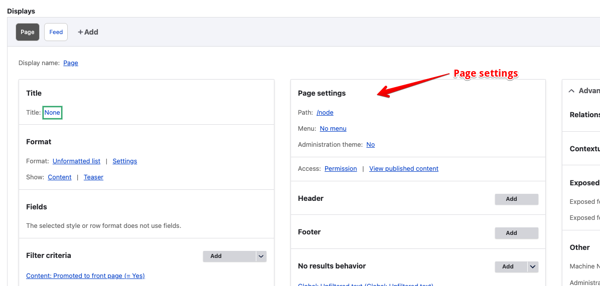 Views Display Settings - Page Display